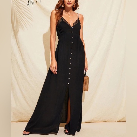 SHEIN Black Maxi Dress with Lace Trim - Picture 1 of 6